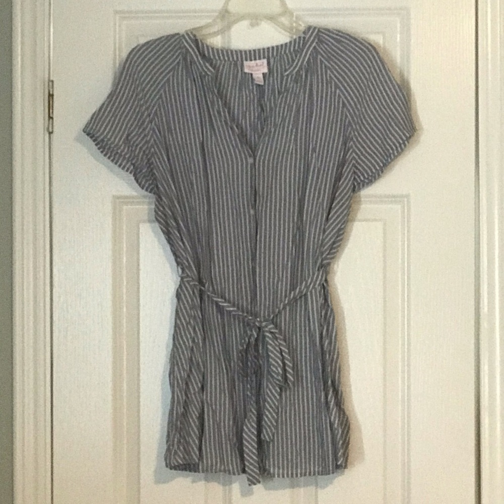 Light blue demon colored maternity shirt with white stripes. Button down.